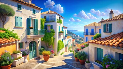 Whitewashed houses with bright blue shutters and ornate iron balconies line the cobblestone streets of a picturesque Provençal town, surrounded by lush greenery and a distant Mediterranean Sea.