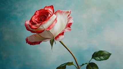 Red and white rose in full bloom, captured against a light blue background, showcasing the delicate beauty of the flower in a serene setting