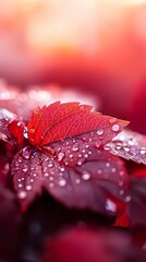 Wall Mural -  A red leaf atop a lush green one, dripping with water