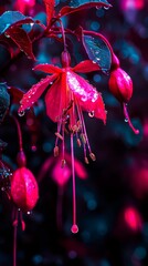 Wall Mural -  A red flower in focus with water drops, background softly blurred in shades of blue and pink