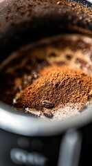 Sticker -  A tight shot of a coffee pot brimming with coffee beans, topped with ground coffee above a stove's burner