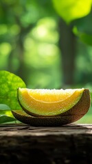 Wall Mural -  A piece of fruit rests on a wooden table, near a leafy tree