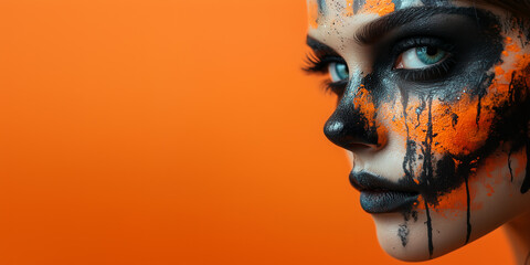 Wall Mural - Portrait of a young woman with a Halloween makeup on a orange background. 