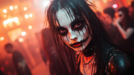 Poster - Portrait of a woman masked as a Halloween skeleton. 