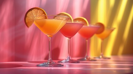 Colorful cocktails in elegant glasses with orange slices on a vibrant pink and yellow background during a summer gathering