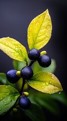 Canvas Print -  Blue berries on green leafy branch, close-up Drops of water on leaves Black background