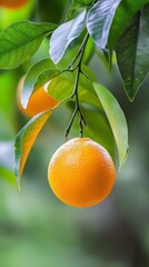 Wall Mural -  A tight shot of an orange on a tree, surrounded by leaves, with a softly blurred background