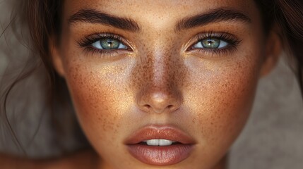 Close-up portrait of a beautiful woman with freckles and natural makeup.