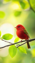 Wall Mural -  A red bird perches atop a verdant branch laden with numerous green leaves