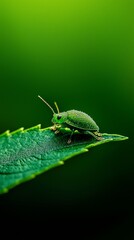 Wall Mural -  A tight shot of a green insect on a wet leaf, its hind end dotted with water droplets against a verdant background