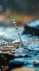 Poster -  A tight shot of a flowing water stream, with droplets cascading from its edge, kissing the rocky surface