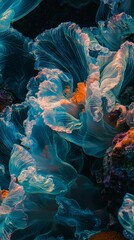 Poster -  A tight shot of jellyfish cluster in water, blue-green algae beneath