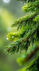 Wall Mural -  A tight shot of a pine branch, adorned with water beads, against a softly blurred backdrop of intermingled branches