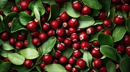 Wall Mural - Close-up of fresh red cranberries with green leaves, creating a vibrant and natural background.