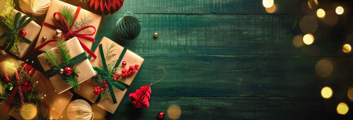 Wall Mural - gift boxes, fir tree branches and decoration for christmas