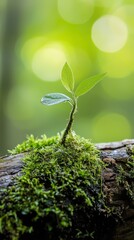 Wall Mural -  A small green plant emerges from moss on weathered wood Background showcases bright, verdant bokeh of light