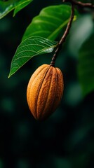 Wall Mural -  A tight shot of a nut on a tree branch, foregrounded by a clear green leaf, background softly blurred