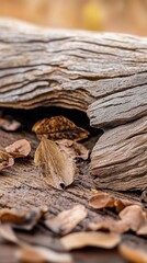 Wall Mural -  A tight shot of a tree trunk, adorned with leaves scattered around and a single dead leaf resting beside it