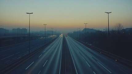 Aufkleber - A serene image of an empty expressway during early morning hours, with soft, diffused light and minimal traffic, capturing the calm before the day begins.