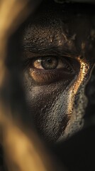 Poster -  A tight shot of a face adorned with black and gold paint, focusing on one painted eye