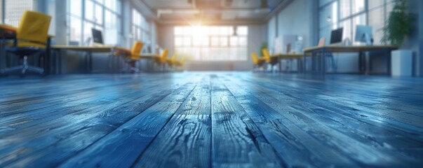 Wall Mural - A spacious modern open-plan office with wooden flooring, large windows, and ample natural light shining through, creating an inviting and productive workspace
