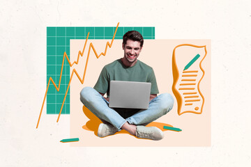 Poster - Composite photo collage of happy businessman freelancer type laptop graph development to do list planner isolated on painted background