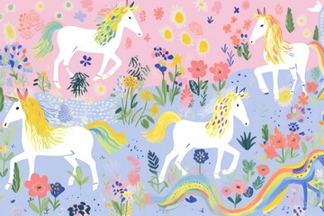 Poster - Rainbow unicorns pattern art painting.