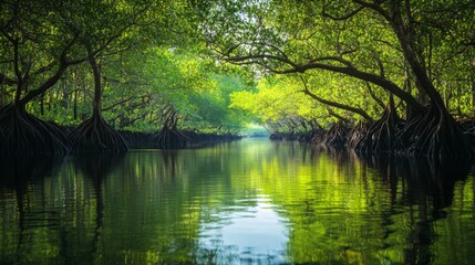 Aufkleber - A serene view of a mangrove forest with dense green trees growing in shallow water, reflecting in the calm water, showcasing the unique coastal ecosystem.