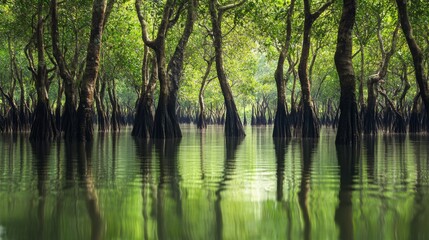 Aufkleber - A serene view of a mangrove forest with dense green trees growing in shallow water, reflecting in the calm water, showcasing the unique coastal ecosystem.