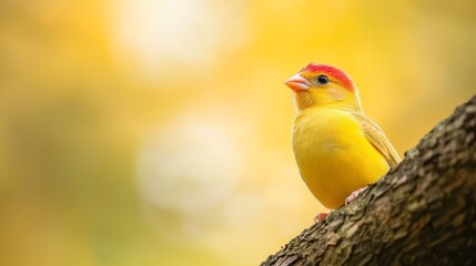 Wall Mural -  A yellow bird with a red crest perches on a tree branch against a backdrop of yellow leaves