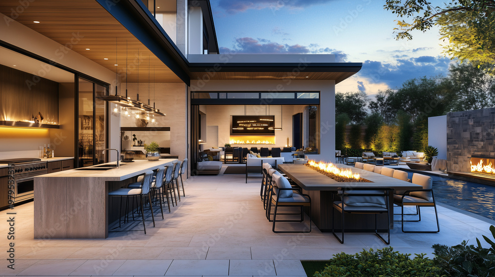 A luxurious outdoor space featuring a gourmet kitchen, large dining ...