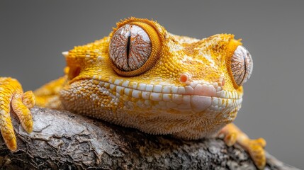 Wall Mural -  A tight shot of a gecko on a branch, its eyes fully engaged, and a toothy smile gracing its face