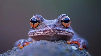 Wall Mural -  A tight shot of a frog perched on a rock, gazing directly at the camera with open eyes