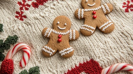 Cute Christmas knitting pattern featuring gingerbread men, candy canes, and snowflakes, in traditional holiday colors.