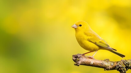 Canvas Print -  A yellow bird on a branch against a green and yellow boke  with a blurry effect