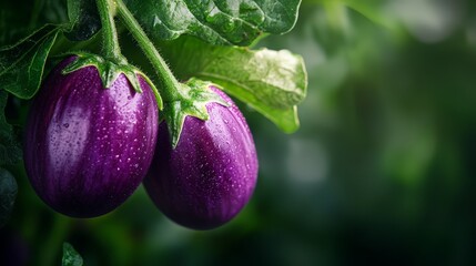 Poster -  A tight shot of two eggplants on a plant, with water beads on its foliage