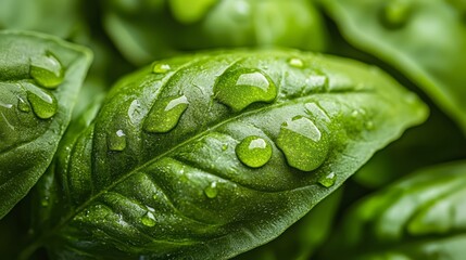 Poster -  A close-up of a green leaf dotted with water drops..Or:..Close up of green leaf speckled with water drops