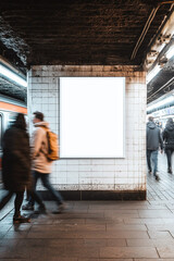 Wall Mural - A blank poster mockup on the wall of an underground station. People walking past in a motion blur. 