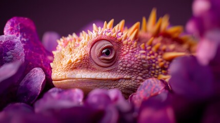 Wall Mural -  A tight shot of a purple blossom with a miniature lizard's visage embedded within its petals