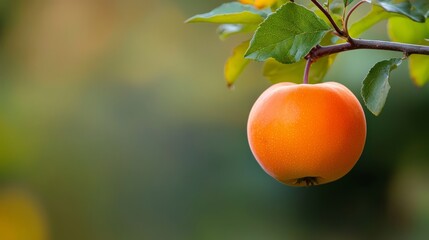 fruit dangles from a branch, adorned with leaves; background softly blurred