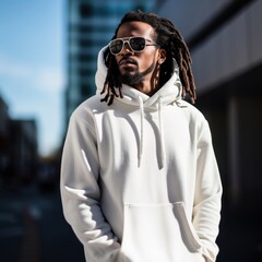 Poster - Black male in white hoodie and sunglasses sweatshirt clothing knitwear.