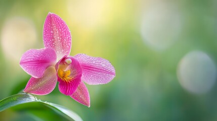 Wall Mural -  A tight shot of a pink blossom speckled with water droplets, a green leaf positioned prominently in the foreground