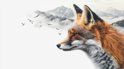 Wall Mural - a fox is staring at the camera with a snowy mountain in the background