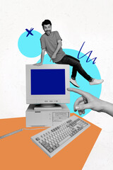 Aufkleber - Vertical collage young man computer digital device monitor screen media user keyboard equipment hand finger pointing virtual network