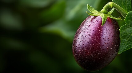 Poster -  A tight shot of a purple eggplant on a leafy branch, adorned with dewdrops on its petals