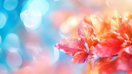 Wall Mural -  A tight shot of a pink bloom against a backdrop of blue and pink Background features soft bokeh of light