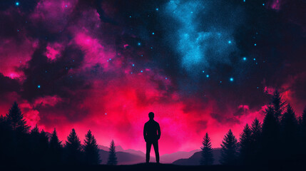 Wall Mural - a man stands in front of a forest with a starry sky above him