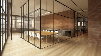 Wall Mural - Modern office interior with a glass wall conference room and a wooden table, white chairs for a meeting or training in a loft space with large windows and brick walls.