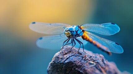 Wall Mural -  A blue-and-yellow dragonfly perches on a separate piece of wood