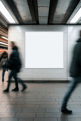 Wall Mural - A blank poster mockup on the wall of an underground station. People walking past in a motion blur. 